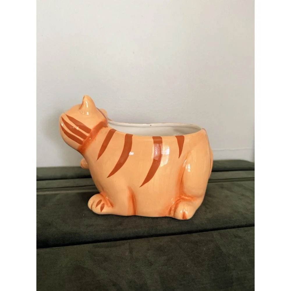 Orange Tabby Cat Planter Ceramic Fat Chunky Kitty Cat